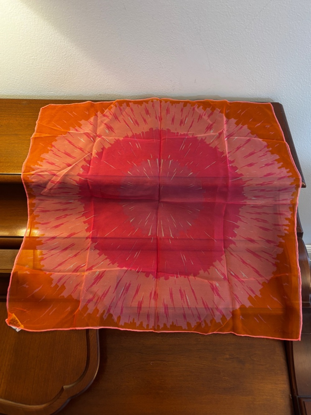 Vintage Burmel Hand Rolled Starburst Scarf Orange Red Pink Made in Japan 60s 70s